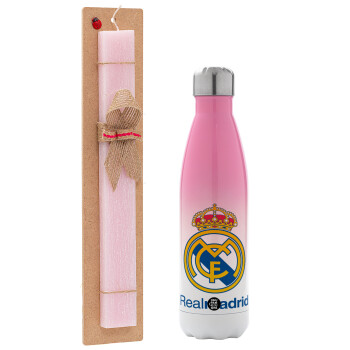 Real Madrid CF, Easter Set, Metallic pink/white (Stainless steel) thermos, double-walled, 500ml & aromatic flat Easter candle (30cm) (PINK)