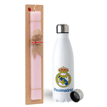 Real Madrid CF, Easter Set, metallic stainless steel water bottle (750ml) & scented flat Easter candle (30cm) (PINK)