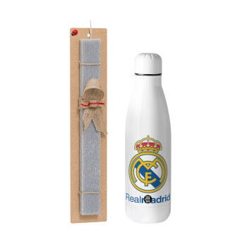 Real Madrid CF, Easter Set, metallic stainless thermos bottle (500ml) & scented flat Easter candle (30cm) (GRAY)
