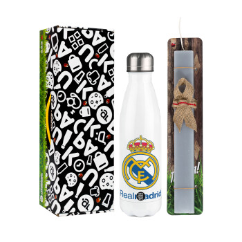 Real Madrid CF, Easter candle, metallic white thermos bottle (500ml) & aromatic flat candle (30cm) (GRAY)