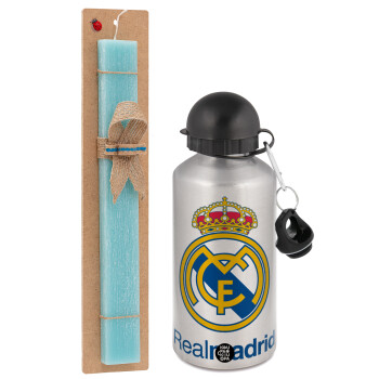 Real Madrid CF, Πασχαλινό Σετ, παγούρι μεταλλικό Ασημένιο αλουμινίου (500ml) & πασχαλινή λαμπάδα αρωματική πλακέ (30cm) (ΤΙΡΚΟΥΑΖ)