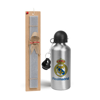 Real Madrid CF, Πασχαλινό Σετ, παγούρι μεταλλικό Ασημένιο αλουμινίου (500ml) & πασχαλινή λαμπάδα αρωματική πλακέ (30cm) (ΓΚΡΙ)