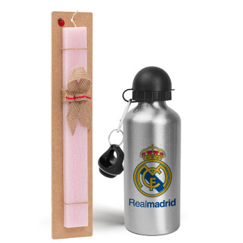Real Madrid CF, Πασχαλινό Σετ, παγούρι μεταλλικό Ασημένιο αλουμινίου (500ml) & πασχαλινή λαμπάδα αρωματική πλακέ (30cm) (ΡΟΖ)
