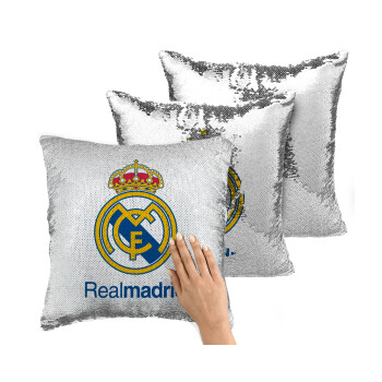 Real Madrid CF, Μαξιλάρι καναπέ Μαγικό Ασημένιο με πούλιες 40x40cm περιέχεται το γέμισμα