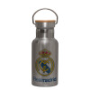 Stainless steel metallic thermos flask, silver with a bamboo lid, double-walled, 350ml.