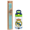 Easter Set, Children's thermal stainless steel bottle with safety straw, green/blue (350ml) & aromatic flat Easter candle (30cm) (TURQUOISE)