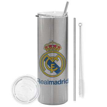 Real Madrid CF, Eco friendly ποτήρι θερμό Ασημένιο (tumbler) από ανοξείδωτο ατσάλι 600ml, με μεταλλικό καλαμάκι & βούρτσα καθαρισμού