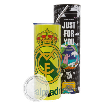 Real Madrid CF, Neon Yellow Travel Tumbler, with metal straw (Stainless steel 304 Food grade, BPA free, 600ml)