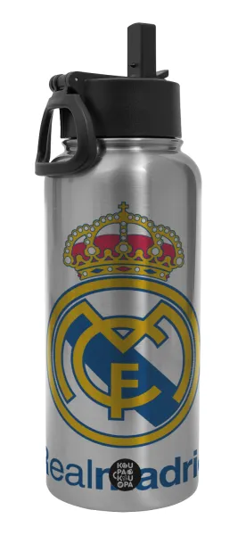Real Madrid CF — Μεταλλικό παγούρι θερμός Silver με καλαμάκι και χερούλι (Stainless steel), διπλού τοιχώματος, 950ml