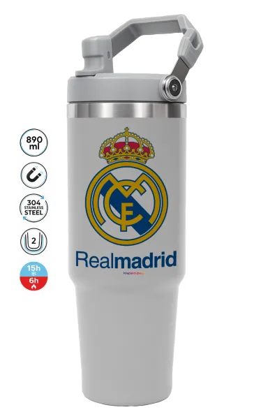 Real Madrid CF — ΓΚΡΙ Travel Tumbler Θερμός με χερούλι και καλαμάκι 890ml