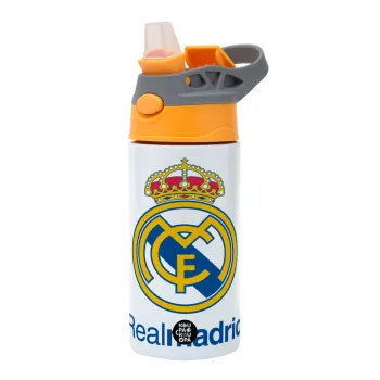 Real Madrid CF, Children's hot water bottle, stainless steel, with safety straw, Orange/Grey (360ml) BPA-FREE