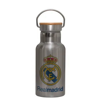 Real Madrid CF, Μεταλλικό παγούρι θερμός (Stainless steel) Ασημένιο με ξύλινο καπακι (bamboo), διπλού τοιχώματος, 350ml