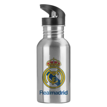 Real Madrid CF, Water bottle Silver with straw, stainless steel 600ml