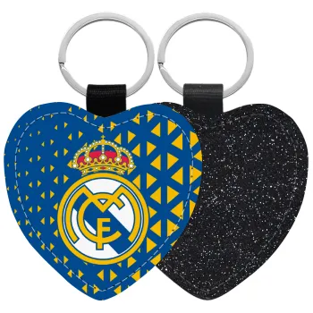 Real Madrid CF, Μπρελόκ PU δερμάτινο glitter καρδιά ΜΑΥΡΟ