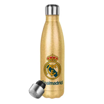 Real Madrid CF, Μεταλλικό παγούρι θερμός Glitter χρυσό (Stainless steel), διπλού τοιχώματος, 500ml