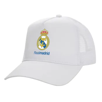 Real Madrid CF, Structured Trucker Adult Hat, with Mesh, WHITE (100% COTTON, ADULT, UNISEX, ONE SIZE)