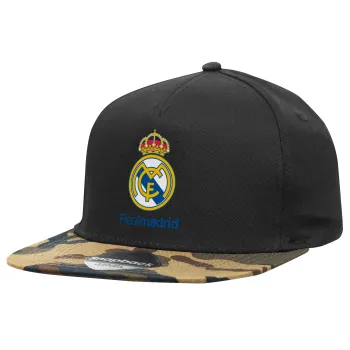 Real Madrid CF, Adult Flat Snapback Hat Black/Camouflage, (100% COTTON TWILL, ADULT, UNISEX, ONE SIZE)
