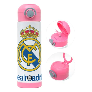 Real Madrid CF, Children's hot water bottle, stainless steel, with safety straw, PINK (500ml)