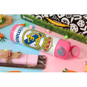 Real Madrid CF, Πασχαλινή Λαμπάδα με Παιδικό παγούρι θερμό, ανοξείδωτο, με καλαμάκι ασφαλείας, ΡΟΖ (500ml)