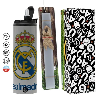 Real Madrid CF, Easter candle with Grey Tumbler Thermo 600ml & aromatic flat candle (30cm) (GREY)