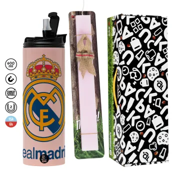 Real Madrid CF, Πασχαλινή Λαμπάδα με  ΡΟΖ Travel Tumbler θερμό (600ml, BPA free) & κερί αρωματικό πλακέ (30cm) (ΡΟΖ)