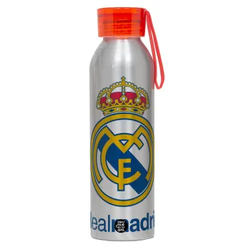 Real Madrid CF, Αλουμινένιο Αθλητικό Μπουκάλι 650ml – Ασημί με Κόκκινο Καπάκι και Λουράκι Σιλικόνης
