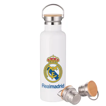 Real Madrid CF, Μεταλλικό παγούρι θερμός (Stainless steel) Λευκό με ξύλινο καπάκι (bamboo), διπλού τοιχώματος, 750ml