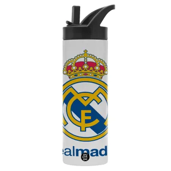 Real Madrid CF, Metallic thermos bottle with straw & handle, stainless steel (Stainless steel 304), double-walled, 600ml.