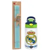 Easter Set, Children's thermal stainless steel bottle with safety straw, green/blue (350ml) & aromatic flat Easter candle (30cm) (TURQUOISE)