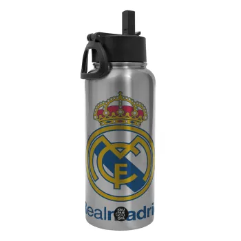 Real Madrid CF, Μεταλλικό παγούρι θερμός Silver με καλαμάκι και χερούλι (Stainless steel), διπλού τοιχώματος, 950ml