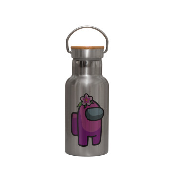 Among US girl, Stainless steel metallic thermos flask, silver with a bamboo lid, double-walled, 350ml.