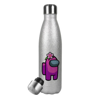 Among US girl, Metallic Glitter Silver Thermos Flask (Stainless steel), double-walled, 500ml
