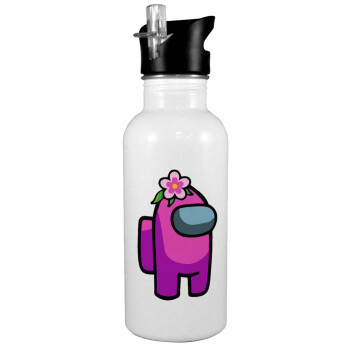Among US girl, White water bottle with straw, stainless steel 600ml