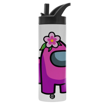 Among US girl, Metallic thermos bottle with straw & handle, stainless steel (Stainless steel 304), double-walled, 600ml.