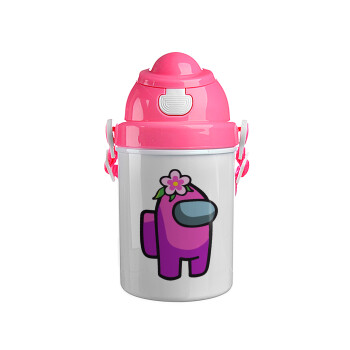 Among US girl, Ροζ παιδικό παγούρι πλαστικό (BPA-FREE) με καπάκι ασφαλείας, κορδόνι και καλαμάκι, 400ml