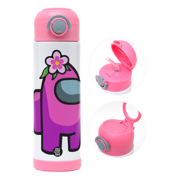 Among US girl, Children's hot water bottle, stainless steel, with safety straw, PINK (500ml)