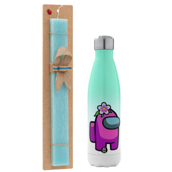 Among US girl, Easter Set, Metallic green/white thermos (Stainless steel), double-walled, 500ml & scented flat Easter candle (30cm) (TURQUOISE)