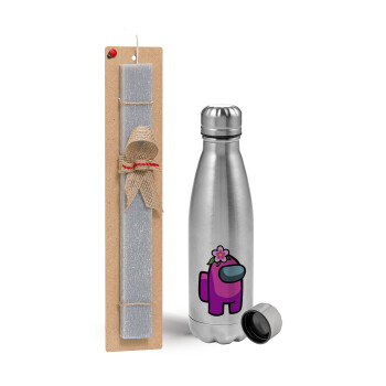 Among US girl, Easter Set, metallic Inox water bottle (750ml) & aromatic flat Easter candle (30cm) (GRAY)