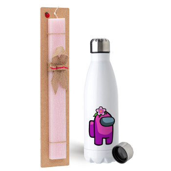 Among US girl, Easter Set, metallic stainless steel water bottle (750ml) & scented flat Easter candle (30cm) (PINK)