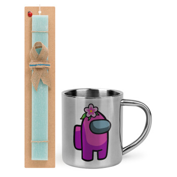 Among US girl, Easter Set, metallic thermal cup (300ml) & aromatic flat Easter candle (30cm) (TURQUOISE)