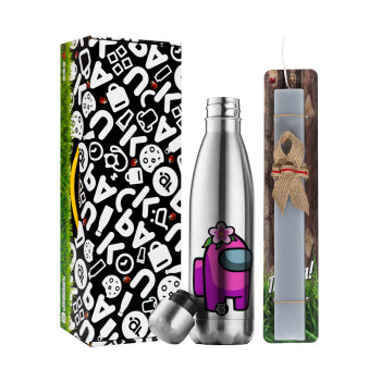 Among US girl, Easter Set, metallic stainless thermos flask (500ml) & scented flat Easter candle (30cm) (GRAY)