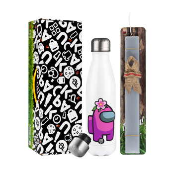 Among US girl, Easter candle, metallic white thermos bottle (500ml) & aromatic flat candle (30cm) (GRAY)