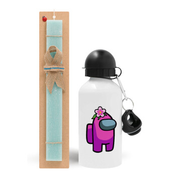 Among US girl, Easter Set, metallic aluminum water bottle (500ml) & scented flat candle (30cm) (TURQUOISE)