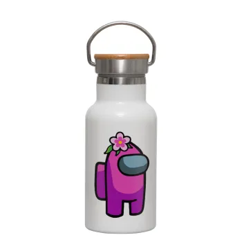 Among US girl, Metallic thermos (Stainless steel) White with wooden lid (bamboo), double-walled, 350ml