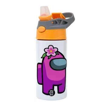 Among US girl, Children's hot water bottle, stainless steel, with safety straw, Orange/Grey (360ml) BPA-FREE