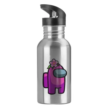 Among US girl, Water bottle Silver with straw, stainless steel 600ml
