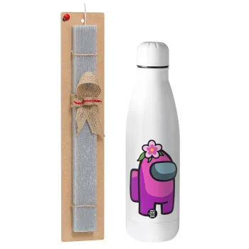 Among US girl, Πασχαλινή Λαμπάδα με μεταλλικό παγούρι θερμός ανοξείδωτο (500ml) & κερί αρωματικό πλακέ (30cm) (ΓΚΡΙ)