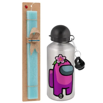 Among US girl, Easter Set, metallic silver aluminum water bottle (500ml) & scented flat Easter candle (30cm) (TURQUOISE)