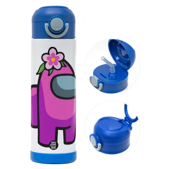 Among US girl, Παιδικό παγούρι θερμό, ανοξείδωτο, με καλαμάκι ασφαλείας, ΜΠΛΕ (500ml)