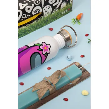 Among US girl, Easter Set, metallic silver aluminum water bottle (500ml) & scented flat Easter candle (30cm) (TURQUOISE)